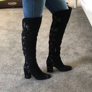 Kenneth Cole over the knee suede floral boots